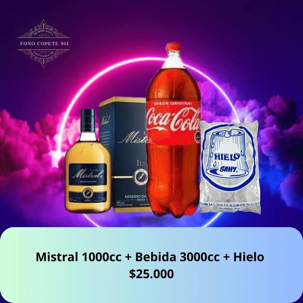 pisco mistral 1000cc +bebida 3000cc + hielo